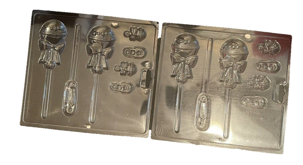 Lot of 2 Clear Plastic Chocolate Candy Molds Baby Shower Rattle Safety Pins 0114